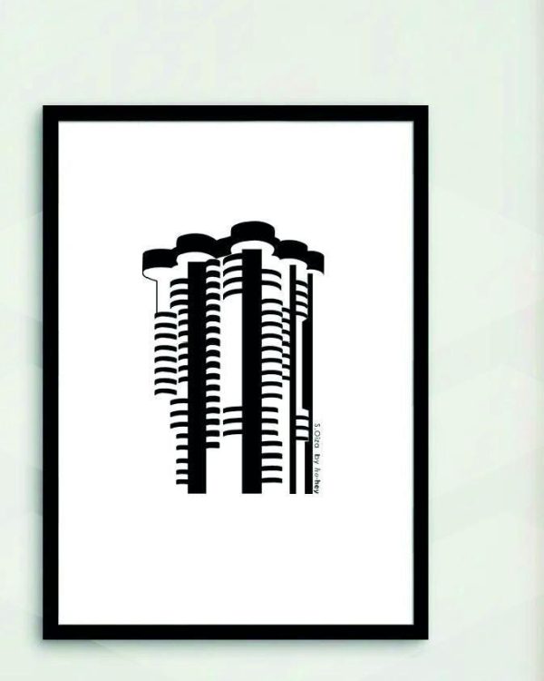 Serigrafía en tinta negra de Torres Blancas, enmarcada en negro