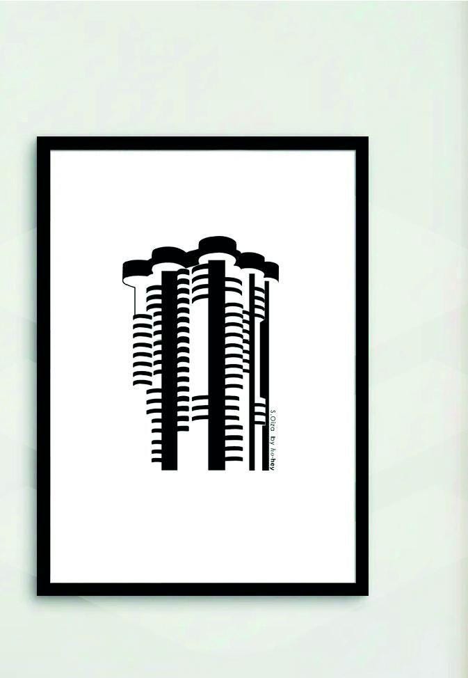 Serigrafía en tinta negra de Torres Blancas, enmarcada en negro