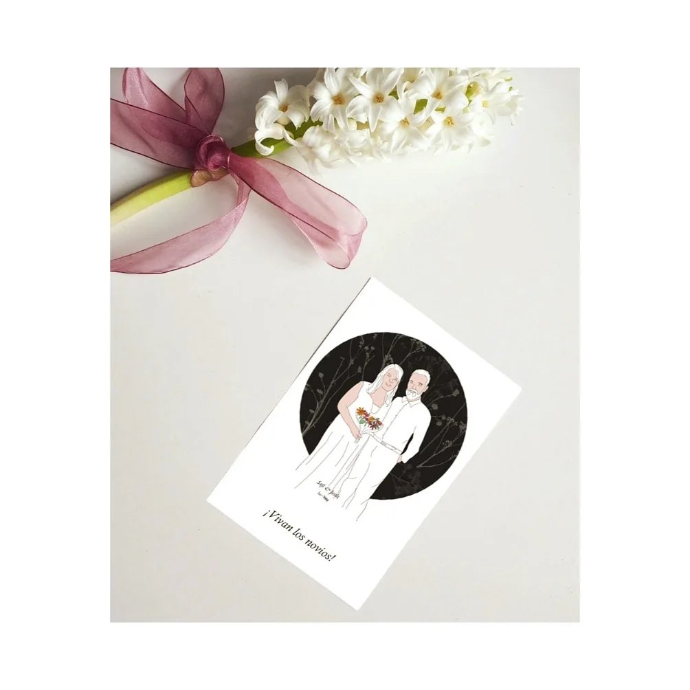 Tarjeta de boda con una ilustración personalizada de los novios