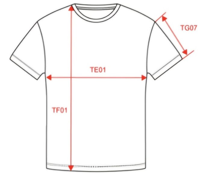 Dibujo de una camiseta con las tres medidas de la guía de tallas: ancho de pecho, largo total y largo de manga